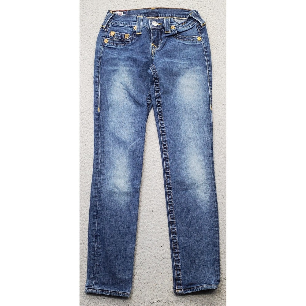 True Religion Skinny Jeans Womens 25 Blue Denim Stretch Faded Whiskered USA Made